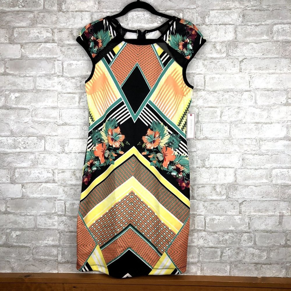 Bisou Bisou Women Vibrant Floral Artsy Pencil Dress Size 10 Patchwork Mesh